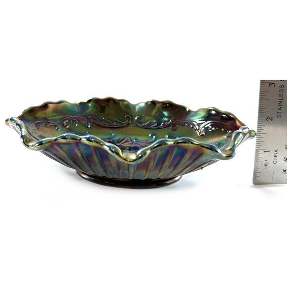 Fenton Carnival Glass Ruffled Oval Dish Marigold Iridescent Floral Pattern 7.5” - Picture 4 of 6